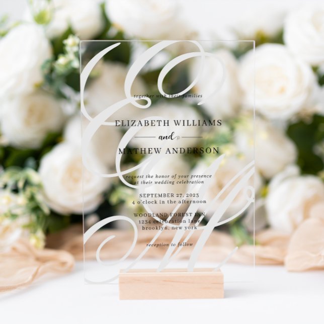 Elegant Calligraphy Ivory White Monogram Wedding Acrylic Invitations (Creator Uploaded)