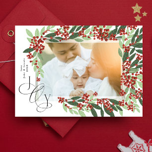 Elegant Calligraphy JOY Botanical Christmas Photo Holiday Card