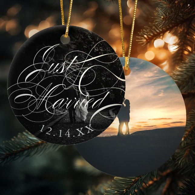 Elegant Calligraphy Just Married Wedding Photo Ceramic Tree Decoration (Creator Uploaded)