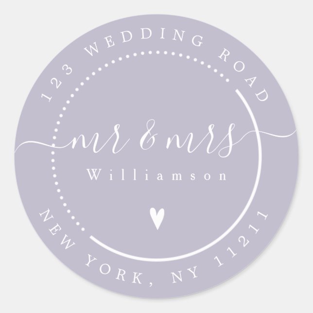 Elegant Calligraphy Lavender Mr. and Mrs. Address Classic Round Sticker (Front)