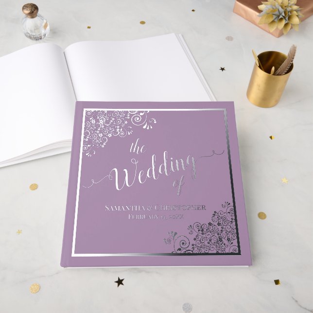 Elegant Calligraphy Lavender & Silver Foil Wedding Guest Book (Front Open)