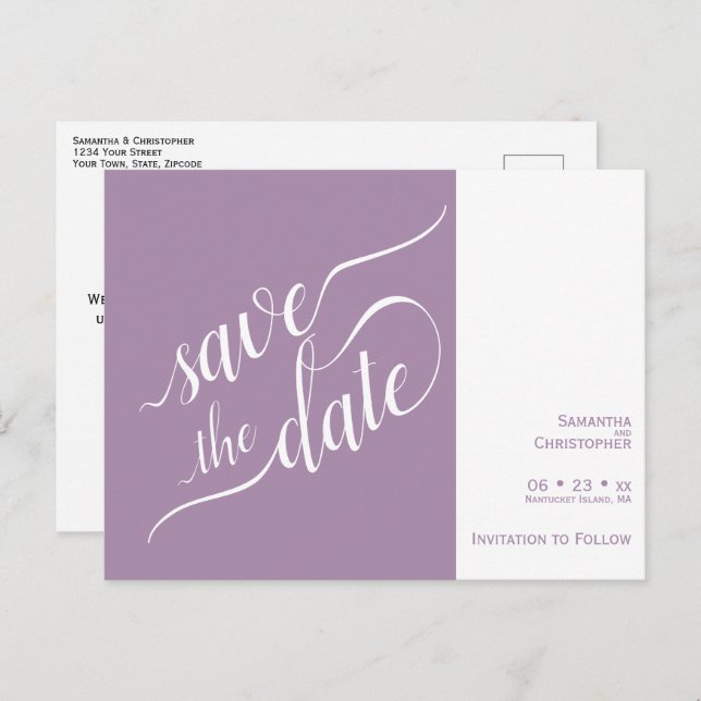 Elegant Calligraphy Lavender Wedding Save the Date Announcement Postcard (Front/Back)