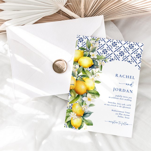 Elegant Calligraphy Lemon Mediterranean Wedding Invitation (Creator Uploaded)