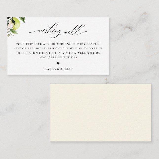 Elegant Calligraphy Lemon Wedding Wishing Well Enclosure Card (Front/Back)