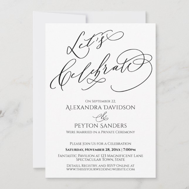 Elegant Calligraphy Let's Celebrate Black & White Invitation (Front)