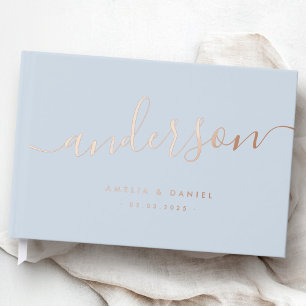 Elegant calligraphy light dusty blue wedding real guest book