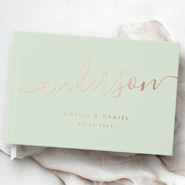 Elegant calligraphy light sage green wedding real guest book (Elegant calligraphy light sage green wedding real foil guest book)