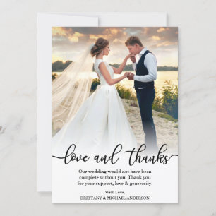 Elegant Calligraphy Love and Thanks Wedding Photo Card