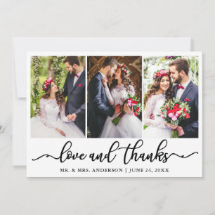 Elegant Calligraphy Love Thanks Wedding 3 Photo Thank You Card