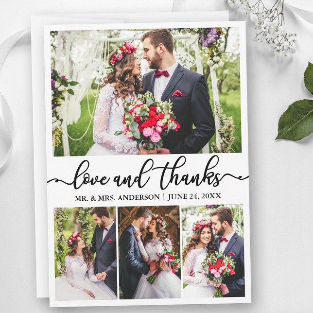 Elegant Calligraphy Love Thanks Wedding 4 Photo Thank You Card (Customize to add text to back of card.)