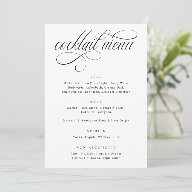 Elegant Calligraphy Luxury Wedding Cocktail Menu (Standing Front)
