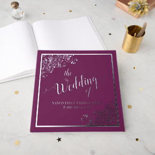 Elegant Calligraphy Magenta & Silver Foil Wedding Guest Book