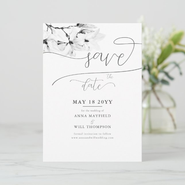 Elegant Calligraphy Magnolia Wedding Save the Date Invitation (Standing Front)