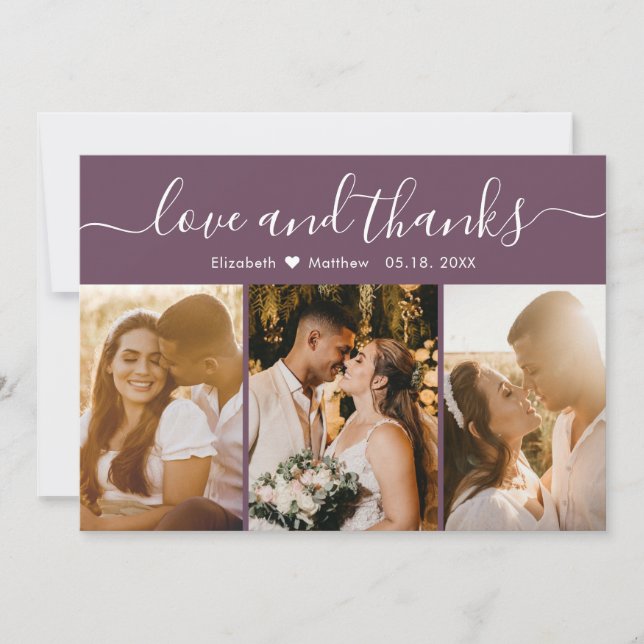 Elegant Calligraphy Mauve Multiple Photo Wedding Thank You Card (Front)