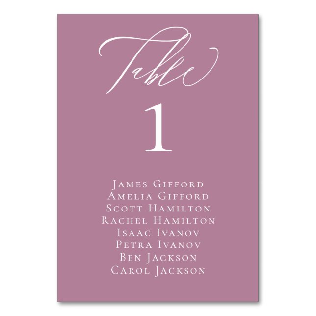 Elegant Calligraphy Mauve Table Number Card (Front)