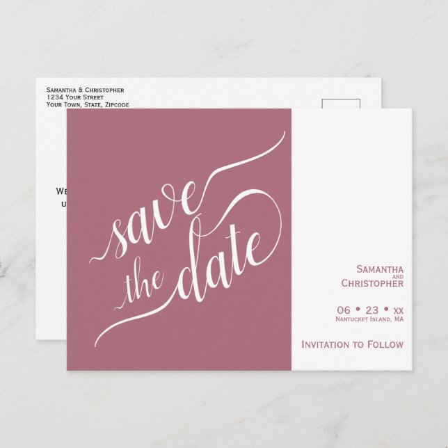 Elegant Calligraphy Mauve Wedding Save the Date Announcement Postcard (Front/Back)