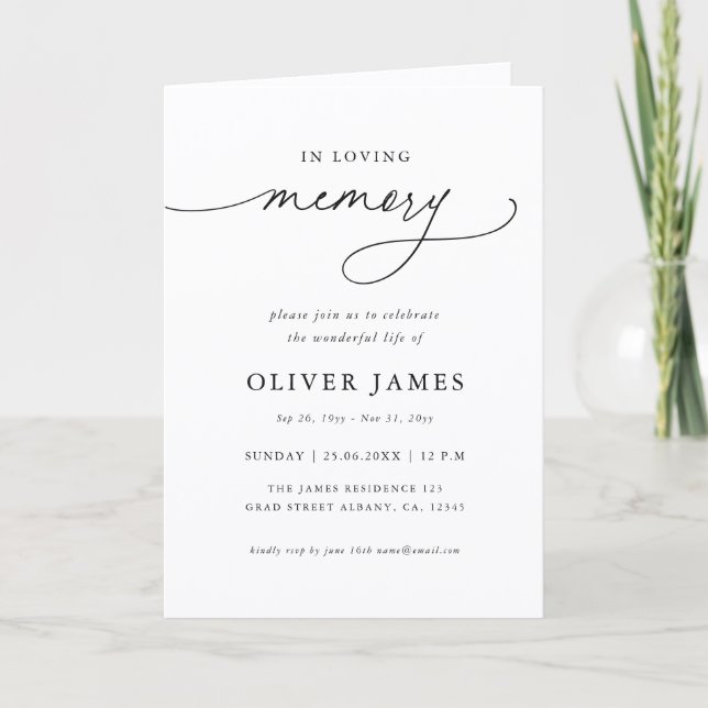 Elegant Calligraphy Memorial Funeral Program Card (Front)
