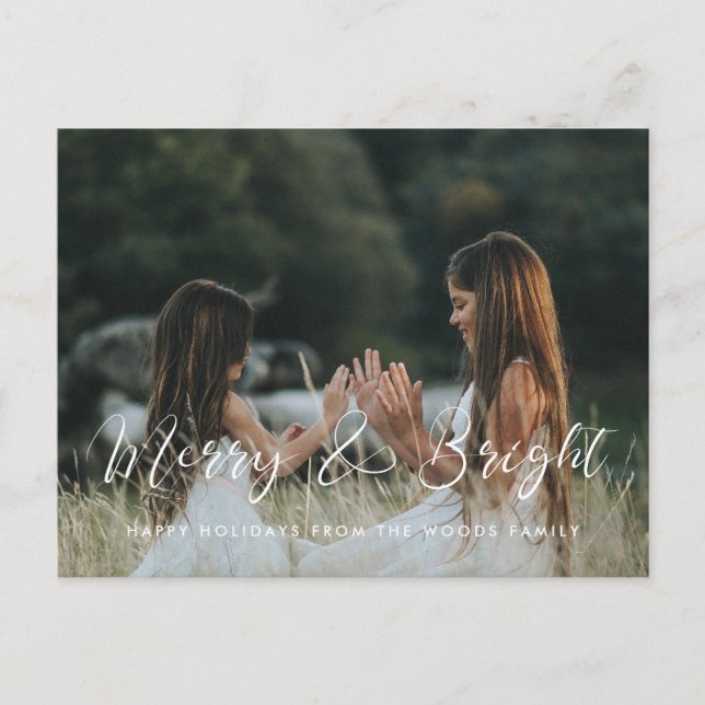 Elegant calligraphy Merry & Bright Christmas photo Postcard (Front)