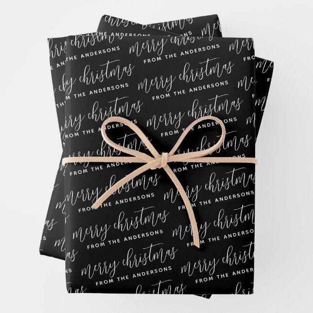 Elegant Calligraphy Merry Christmas Family Black Wrapping Paper Sheet (In situ)
