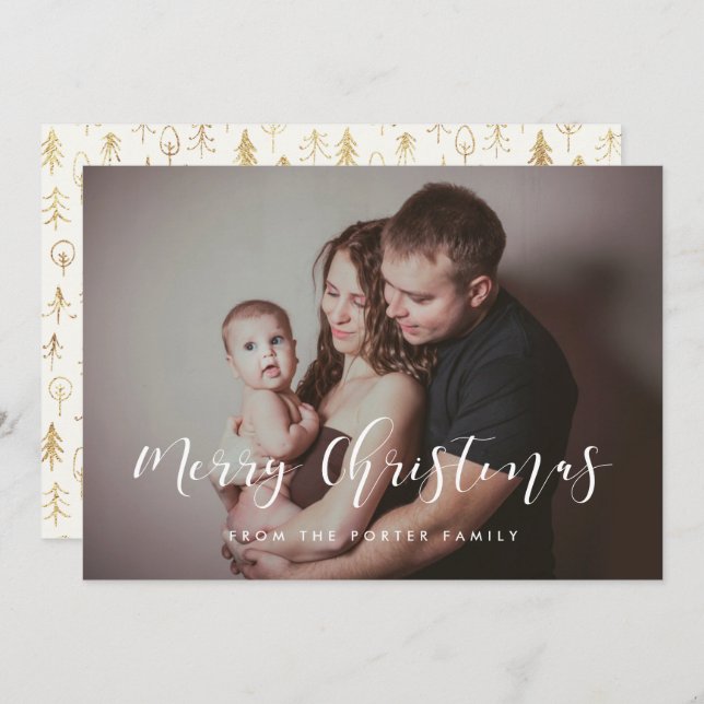Elegant Calligraphy Merry Christmas Family Photo Holiday Card (Front/Back)