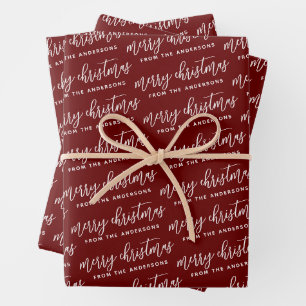 Elegant Calligraphy Merry Christmas Family Red Wrapping Paper Sheet