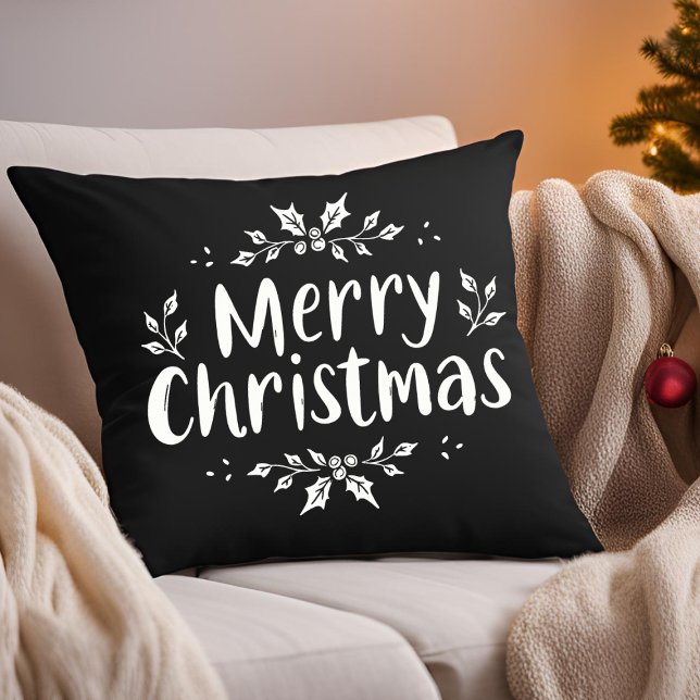Elegant Calligraphy Merry Christmas Holly Berries Cushion (Creator Uploaded)