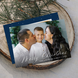 Elegant Calligraphy Merry Christmas Navy 2 Photo Holiday Card