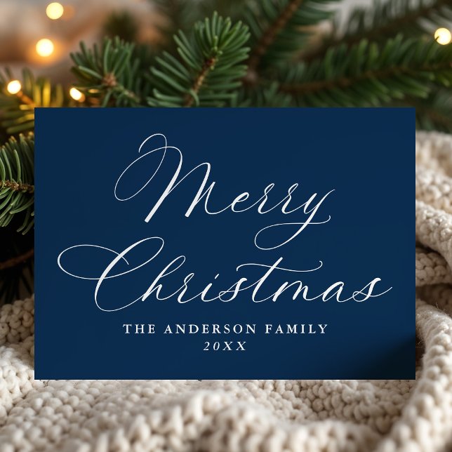 Elegant Calligraphy Merry Christmas Navy Non-Photo Holiday Card (Creator Uploaded)
