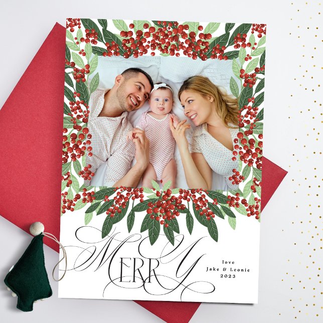 Elegant Calligraphy Merry Christmas One Photo Holiday Card (Creator Uploaded)