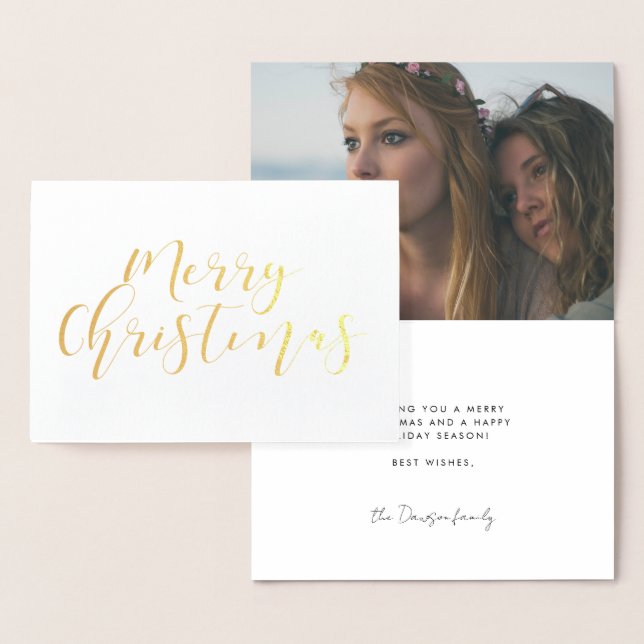 Elegant calligraphy Merry Christmas photo gold Foil Card (Display)