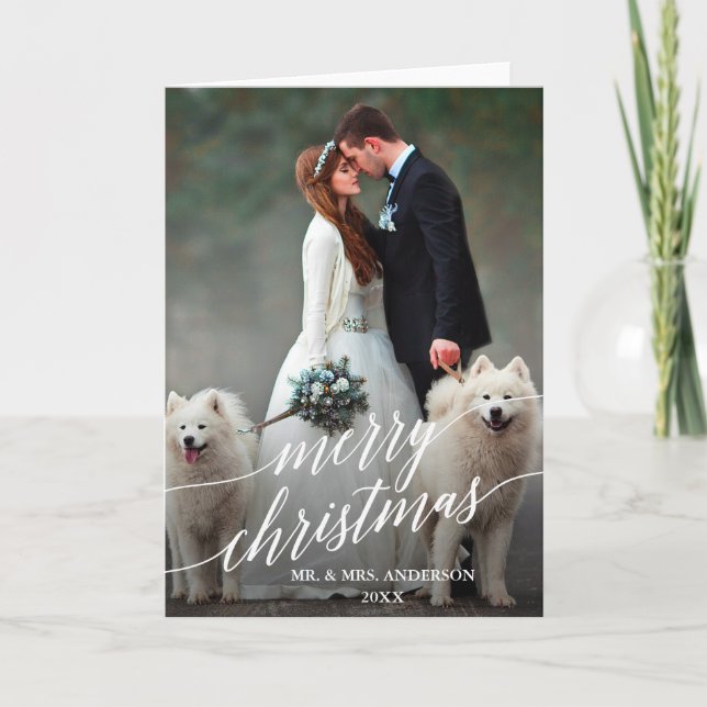 Elegant Calligraphy Merry Christmas Wedding Photo Holiday Card (Front)