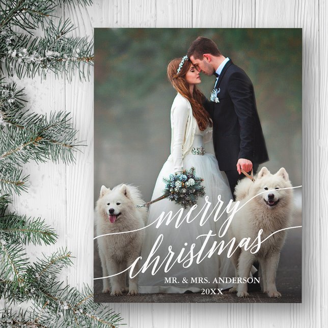 Elegant Calligraphy Merry Christmas Wedding Photo Postcard (Customize to change your personalized text size or text style.)