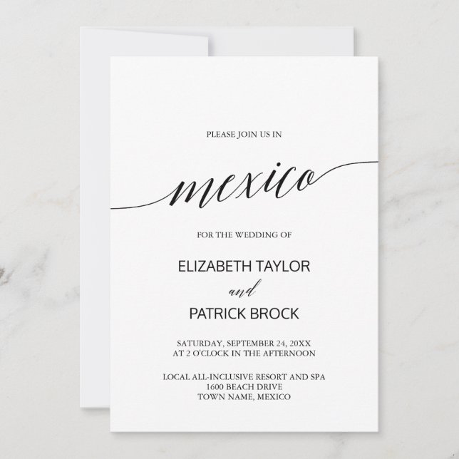Elegant Calligraphy Mexico Destination Wedding Invitation (Front)
