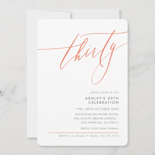 ELEGANT Calligraphy minimal 30th party coral Invitation (Front)