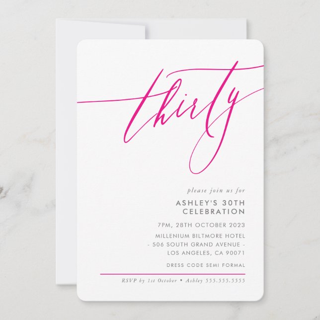 ELEGANT Calligraphy minimal 30th party hot pink Invitation (Front)