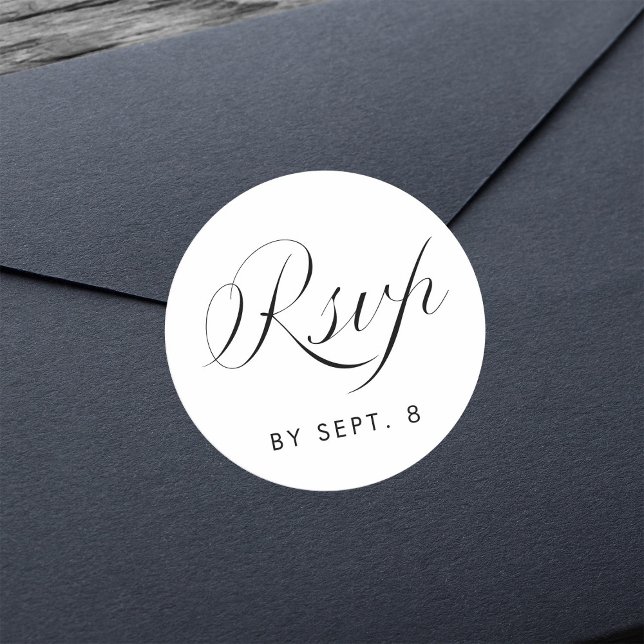 Elegant Calligraphy Minimalist Black & White RSVP Classic Round Sticker (Creator Uploaded)