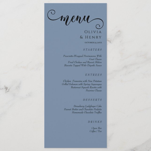 Elegant Calligraphy Minimalist Blue Wedding  Menu (Front)