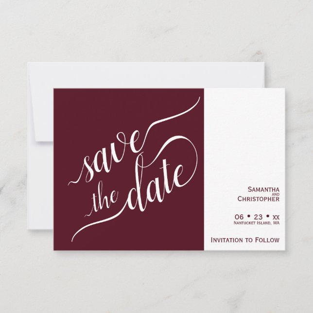 Elegant Calligraphy Minimalist Burgundy Wedding Save The Date (Front)
