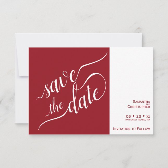 Elegant Calligraphy Minimalist Crimson Red Wedding Save The Date (Front)
