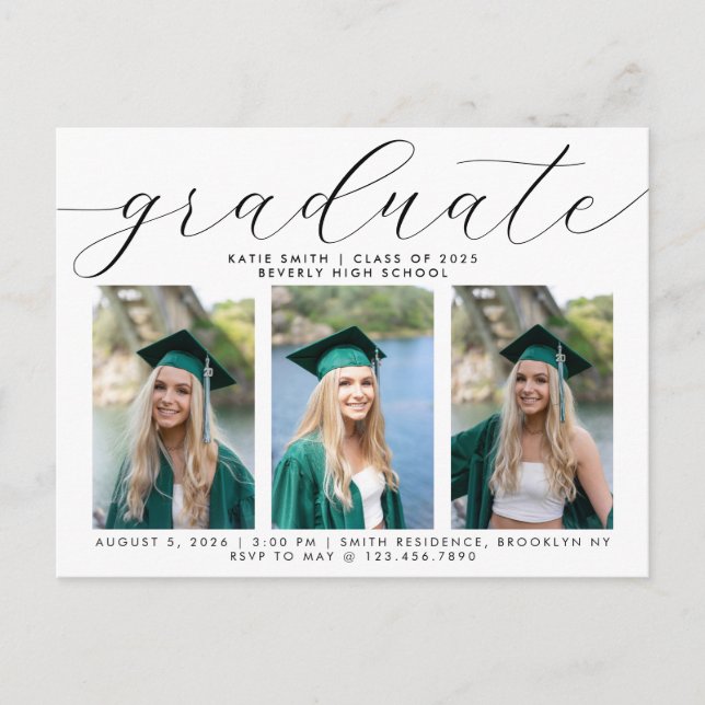 Elegant Calligraphy Minimalist Graduation 3 Photo Invitation Postcard (Front)