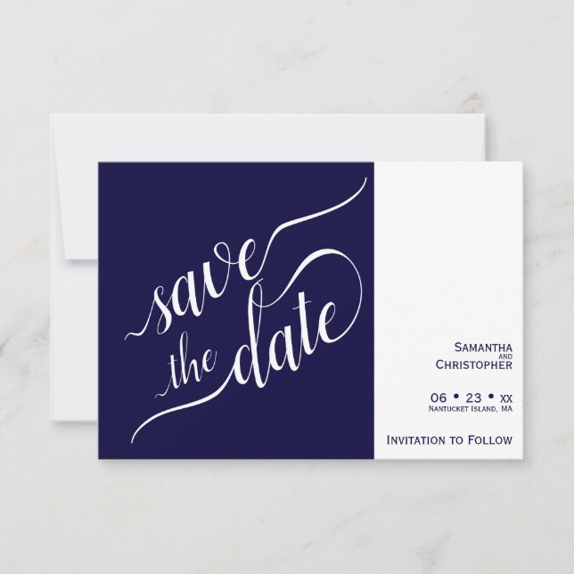Elegant Calligraphy Minimalist Navy Blue Wedding Save The Date (Front)