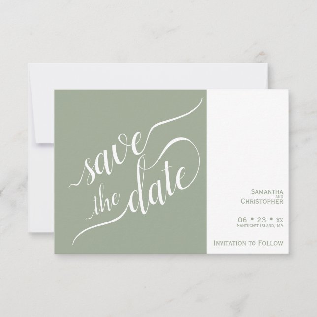 Elegant Calligraphy Minimalist Sage Green Wedding Save The Date (Front)