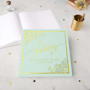Elegant Calligraphy Mint Green & Gold Foil Wedding Guest Book