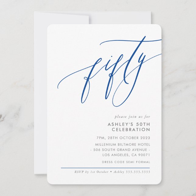 ELEGANT Calligraphy modern 50th party royal blue Invitation (Front)