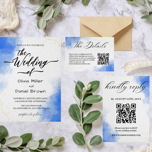 Elegant Calligraphy Modern Blue Watercolor Wedding Invitation (Creator Uploaded)