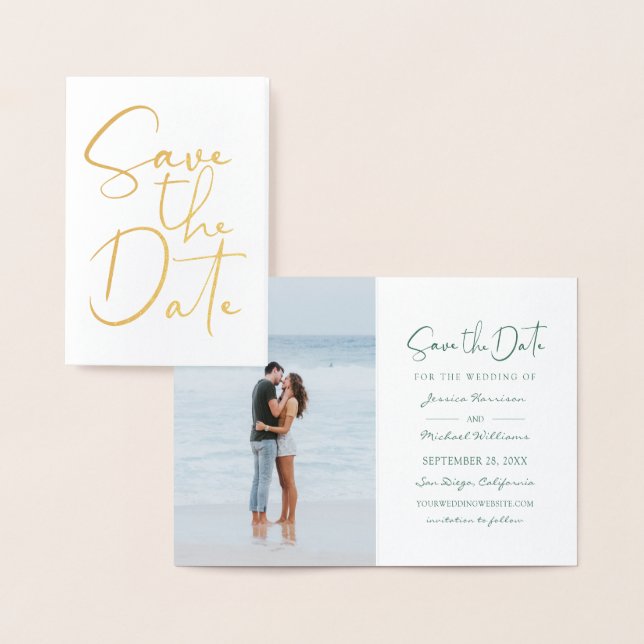 Elegant Calligraphy Modern Photo Save The Date Foil Card (Display)