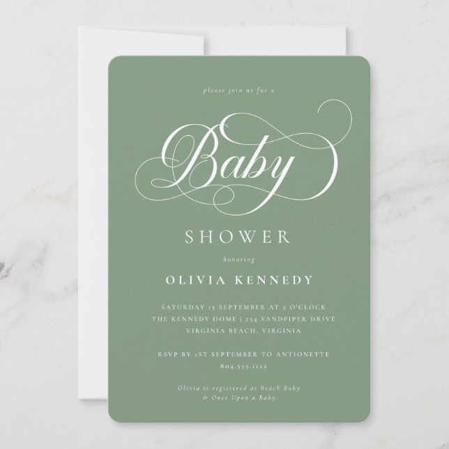 Elegant Calligraphy Modern Script Blue Baby Shower Invitation (Front)