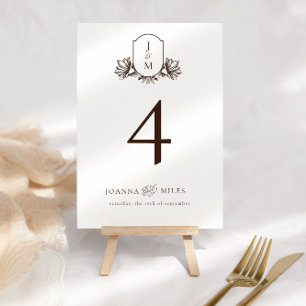 Elegant Calligraphy Monogram Crest Neutral Brown Table Number