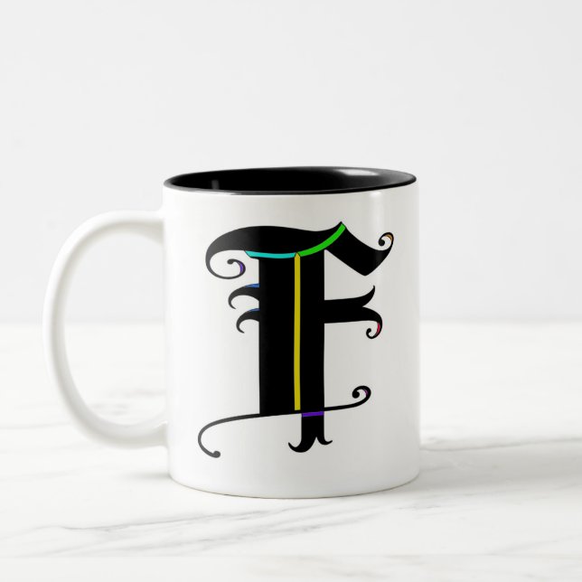 Elegant Calligraphy Monogram letter F Two-Tone Coffee Mug (Left)