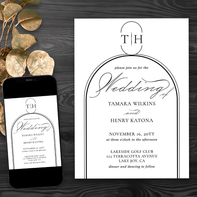 Elegant Calligraphy Monogrammed White Wedding Invitation (Elegant monogrammed wedding invitation in black and white from my Wedding Colors Collection)
